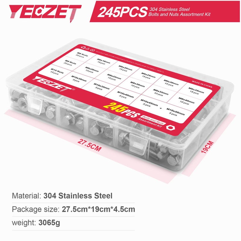 YEEZET 245PCS M6 M8 M10 Heavy Duty Flanged Bolts and Nuts Kit,Stainless Steel 304 Metric Flanged Hex Screws Nuts Includes 15 Most Common Sizes - Image 2